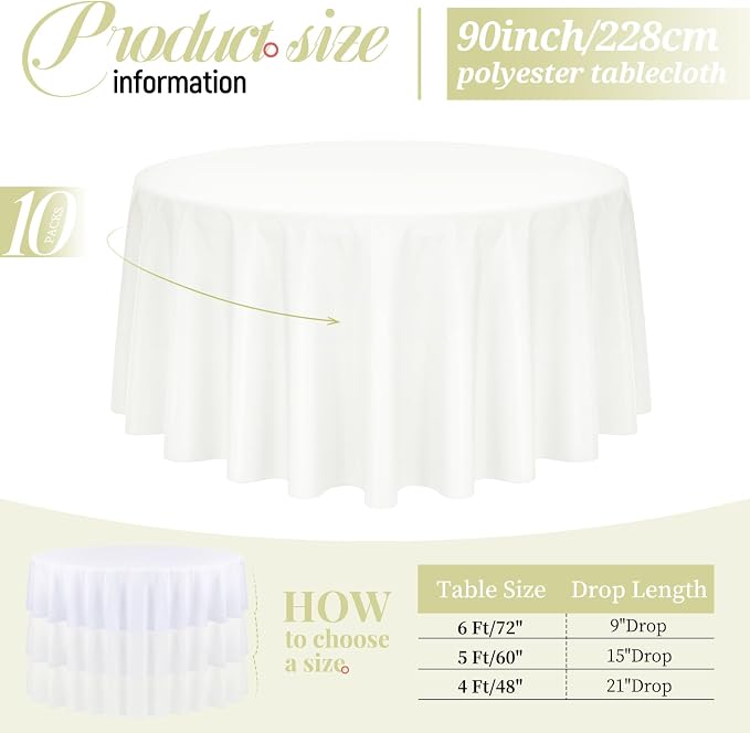Pesonlook 10 Pack Ivory Round Tablecloths 90 Inch, Polyester Round Table Cloth Circle Bulk Linen Washable Table Cloth Stain and Wrinkle Resistant Circle Table Cover for Wedding Party Dining Banquet