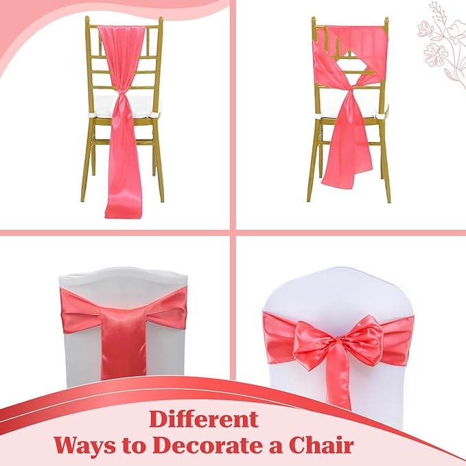 MDS Satin Chair Sashes, 200 Pack, 7”x108” Each, Decorative Chair Bows Ribbon Tie Backs for Wedding Party, Holiday Dinner, Birthday, Reception, Banquet, Hotel & Event Decoration - Coral