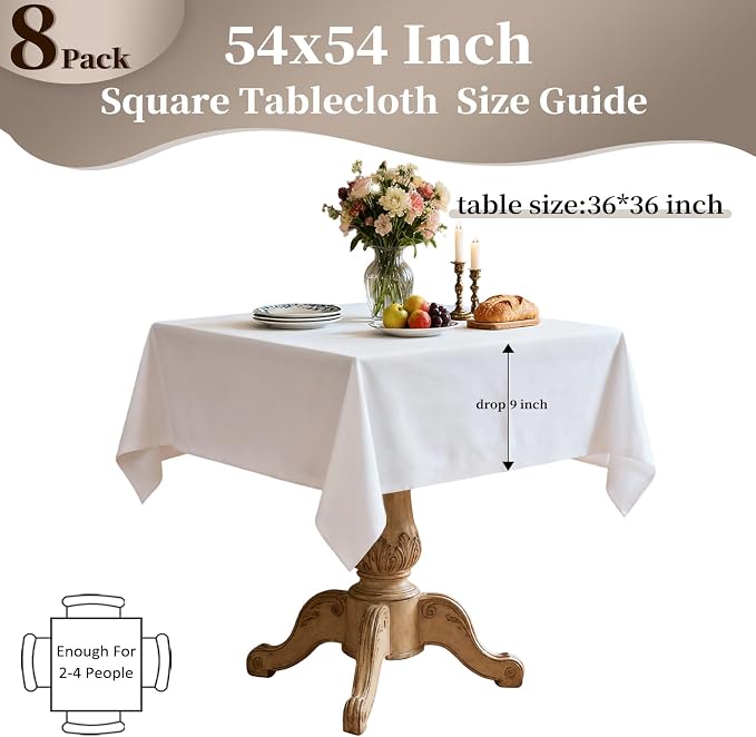 8 Pack White Square Tablecloth 54x54 Inch Table Cloth for Square Tables, Wrinkle Resistant Washable Polyester Fabric for Dining Banquet Wedding Party