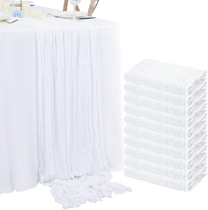10 Pack White Cheesecloth Table Runner 10FT Boho Romantic Gauze Table Runner 20 x 120 Inch Rustic Sheer Runner for Wedding Party Bridal Shower Thanksgiving Christmas Decoration