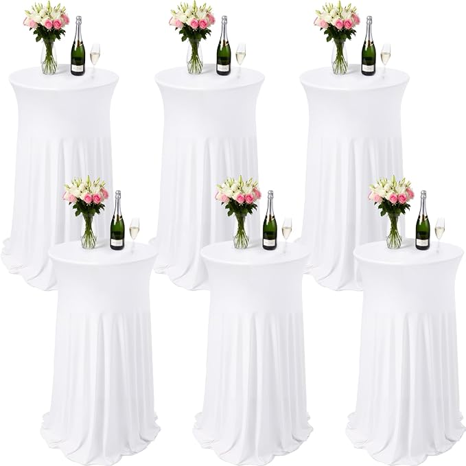 6 Pcs White Spandex Stretch Round Cocktail Table Skirt, 32x43 Inch High Top Table Covers, Fitted Table Cloths for Wedding, Bar, Banquet, Party Decor & Event Supplies