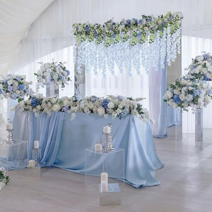 12Pack Wisteria Hanging Flowers Vines 3.6ft Baby Blue Artificial Flowers Fake Wisteria Bushy Garland Silk Flowers Hanging Rattan String for Garden Home Wall Wedding Party Decor (Baby Blue)