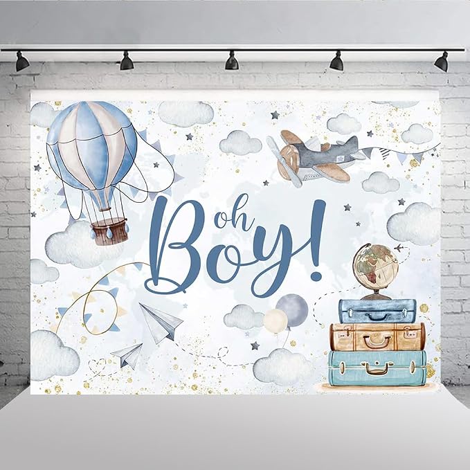 Lofaris 7x5ft Oh Boy Baby Shower Backdrop for Kids Boy Party Decoration Cloud Hot Balloon Adventure Begins Travel Around The World Airplane Up Up and Away Photography Background Banner Photo Booth