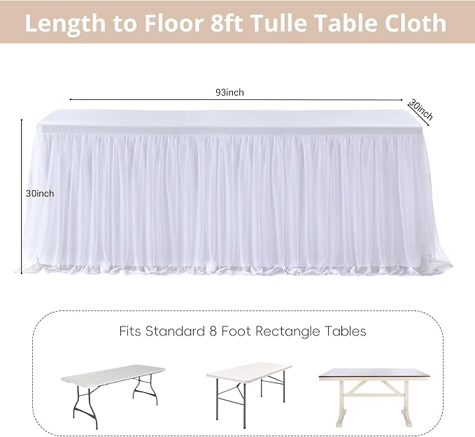 leegleri 4 pk White Tulle Tablecloths for 6 Foot Rectangle Tables, Floor Length 2-in-1 Tulle Table Cover with Draped Skirt,Wrinkle Free Stretchy Fitted Table Clothes 6ft for Wedding Party Decor