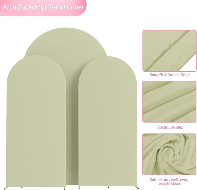 Wokceer Wedding Arch Cover 7.2FT, 6FT, 6FT Spandex Set of 3 Wedding Arch Stand Covers Round Top Chiara Arch Backdrop Stands Cover for Birthday Party Ceremony Banquet Decor Sage Green