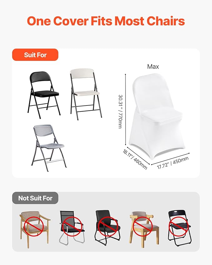 VEVOR Chair Covers, Polyester Spandex Chair Cover, Stretch Slipcovers for Wedding Party Dining Banquet Flat-Front Chair Covers (White-c, 150PCS)