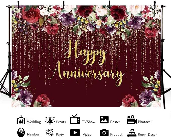 AIBIIN 8x6ft Happy Anniversary Backdrop Gold Glitter Burgundy Wedding Anniversary Photography Background Couple Wedding Women Birthday Floral Party Decorations Cake Smash Decor Studio Photo Backdrop