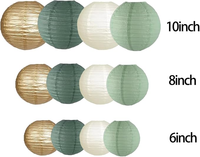 CC wonderland zone 12pcs Sage Green Gold Paper Lanterns,Hanging Paper Lanterns for Bridal Enchanted Forest Shower Rustic Neutral Boho Birthday Wedding Home Decor Party Decoration
