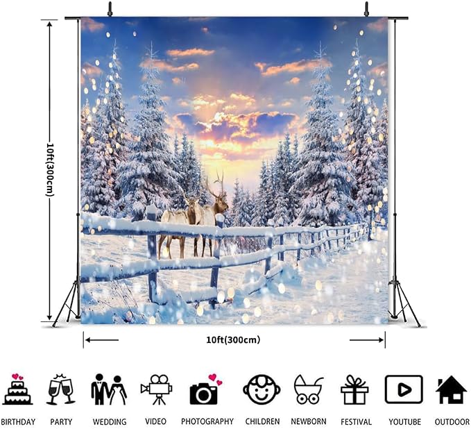 Winter Wonderland Christmas Backdrop 10x10ft for Photography Forest Reindeer Snow Winter Scene Backdrop for Pictures Christmas Party Holiday Background Decorations Photo Booth