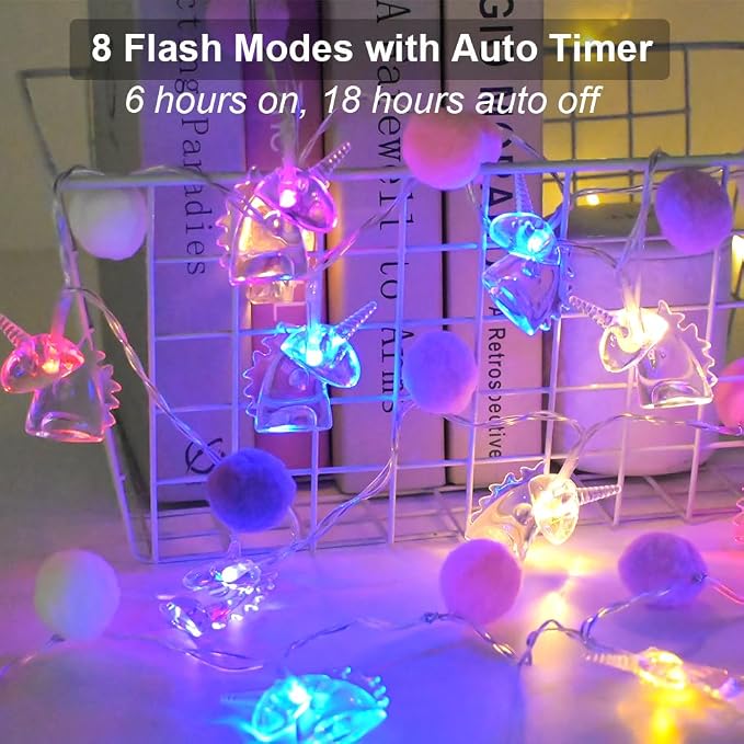 9.85FT Indoor String Lights with 20 Cute PomPoms 20 Colorful Unicorn LED Indoor String Lights Battery Operated with Timer for Home Bedroom Kids Playhouse Birthday Wedding Party Holiday Christmas Decor
