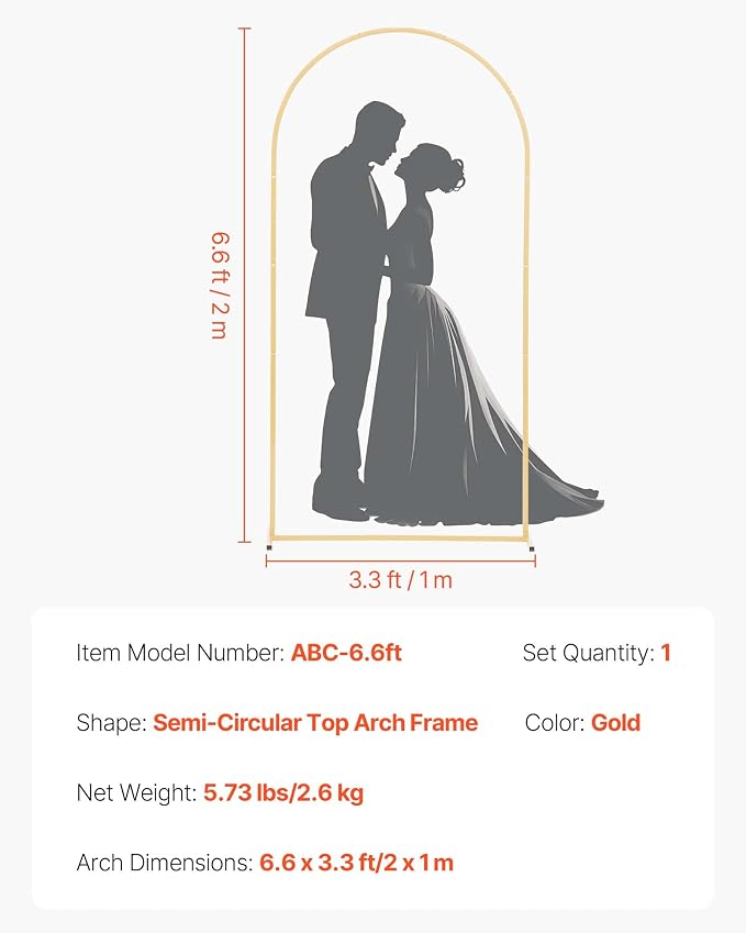 VEVOR Arch Backdrop Stand, 6.6 x 3.3 ft, Stable Structure, Easy Assembly, 1 Set Gold Metal Arch Backdrop Stand for Wedding, Birthday Party, Graduation, Holiday Celebration, and Ceremony Decoration