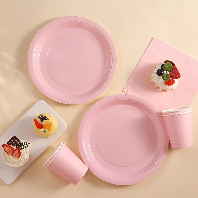 200 Pcs Baby Pink Plates and Napkins Party Supplies, Girl Baby Shower Plates and Cups and Napkins Sets Serves 50, Light Pink Party Decorations, Bow Birthday Decorations