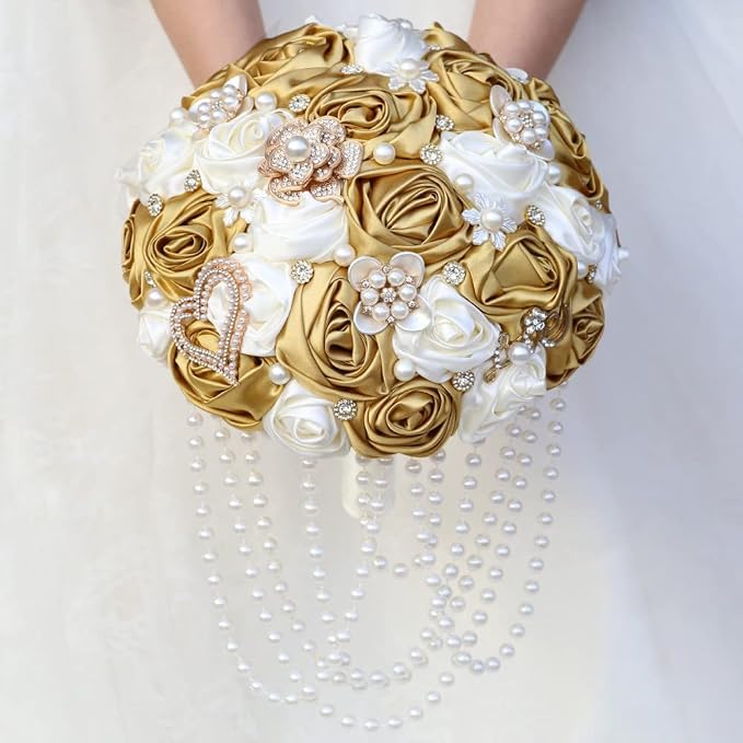 Ivory and Gold Bridal Wedding Bouquet with Rhinestone Brooch Pearl String Cascade Bouquet for Bride Bridesmaid Quinceanera Satin Rose Flower Bouquet Wedding Ivory and Gold 6.3in