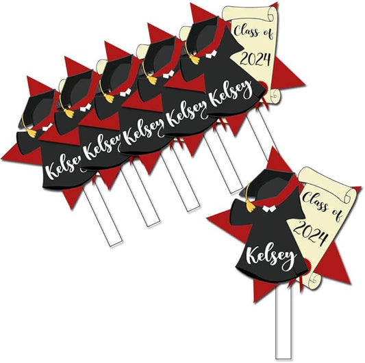Graduation Class of 2024 Cupcake Toppers - Cap and Gown Red Star - Student or School Party Theme Cake Accessories - 12 Piece Set