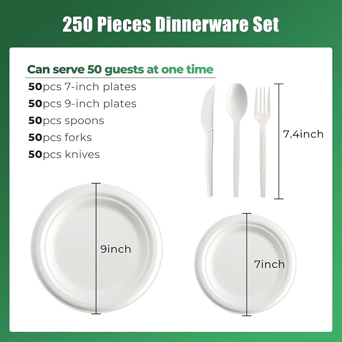 250 Pcs Biodegradable Paper Plates Set Disposable Dinnerware | Eco Friendly Compostable, Extra Long Utensils, Includes Forks, Knives & Spoons, For Party & Birthday, Camping
