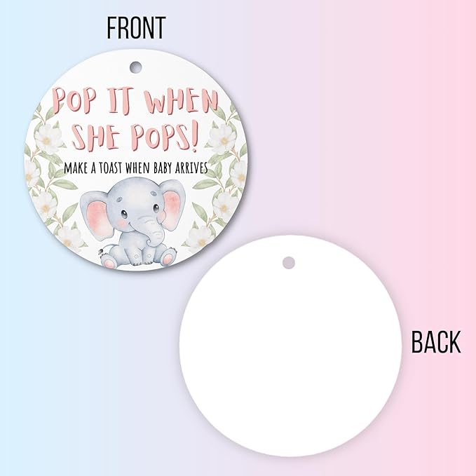 Pop It When She Pops Elephant Tags | 30 pk, 2.5” Blue Woodland Animals Labels for Champagne Bottles Pink Bubbly Labels for Mini Bottles Baby Shower Favor