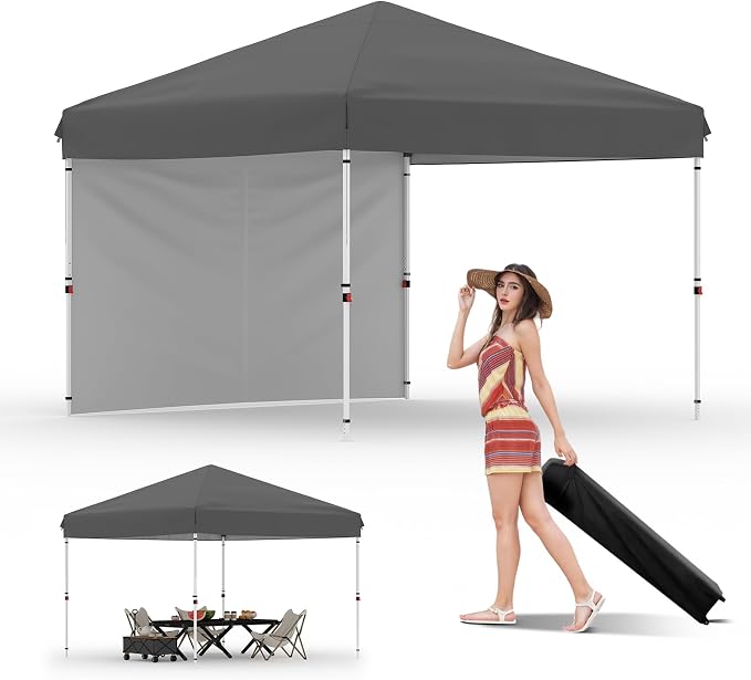GarveeLife 10x10 Pop Up Canopy with One Sidewalls Easy Up Camping Tent with One Button Push Setup 1 Roller Bag 3 Adjustable Height 4 Weight Bags (New Grey, 10x10 + 1 Sidewall)