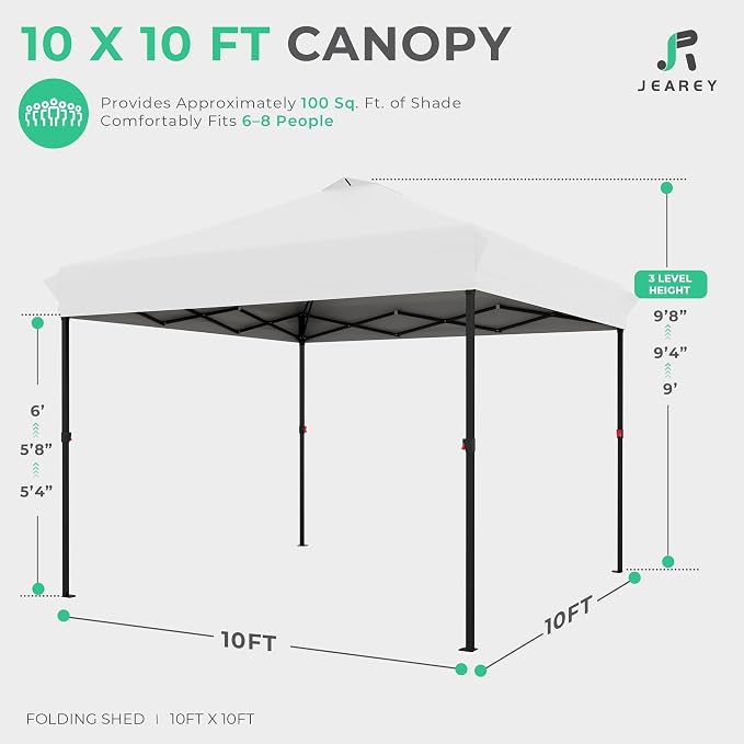 JEAREY 10x10 ft Pop Up Canopy Tent, Heavy Duty Outdoor Canopy with 1-Push Instant Setup, Commercial Tent with Roller Bag, 4 Sandbags and 8 Stakes, Water-Resistant, White
