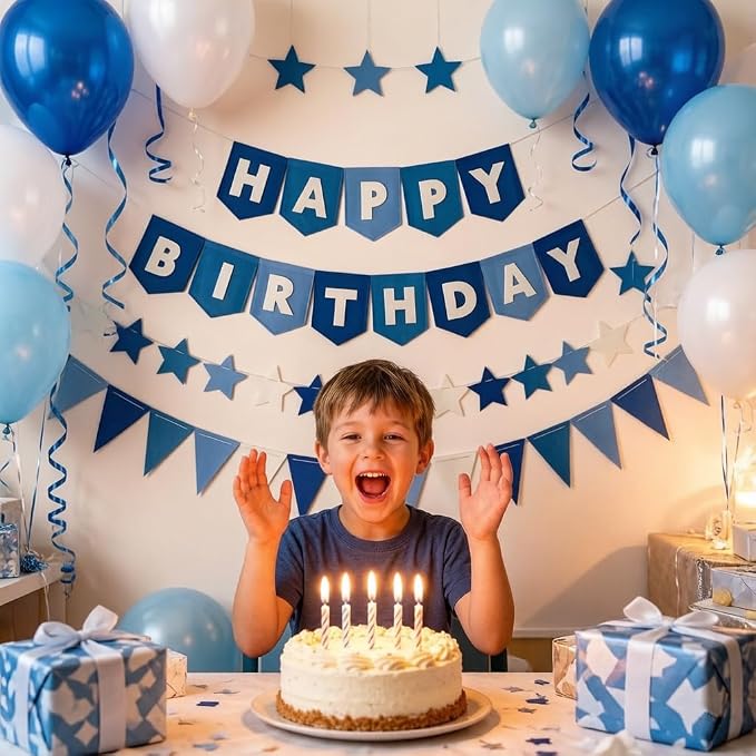 Yancan Blue Happy Birthday Banner for Women Men Boys Girls Party Decoration | Pre-strung Felt Happy Birthday Banner, Star Garland, Triangle Flags