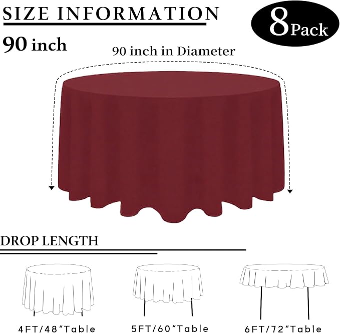 8 Packs 90 Inch Burgundy Round Tablecloth in Diameter, Washable Polyester Fabric Tablecloths, Wrinkle Resistant Table Cloth for Wedding Party Banquet Dining