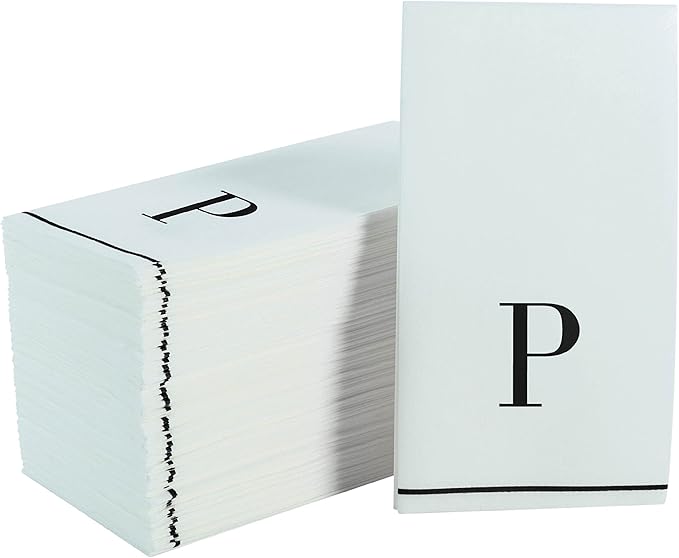 Luxe Party 112 Pack Monogram Napkins | Letter P Initial | Disposable | Premium Airlaid | Linen Feel | Decorative Table Setting | Guest Towel Napkin | White and Black