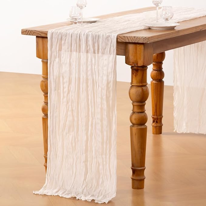 DeZerlor Ivory White Cheesecloth Table Runner 4 Pack Spring Easter Table Runners Boho Gauze 120 Inches White Cheese Cloth Table Decor for Wedding Bridal Baby Shower Parties