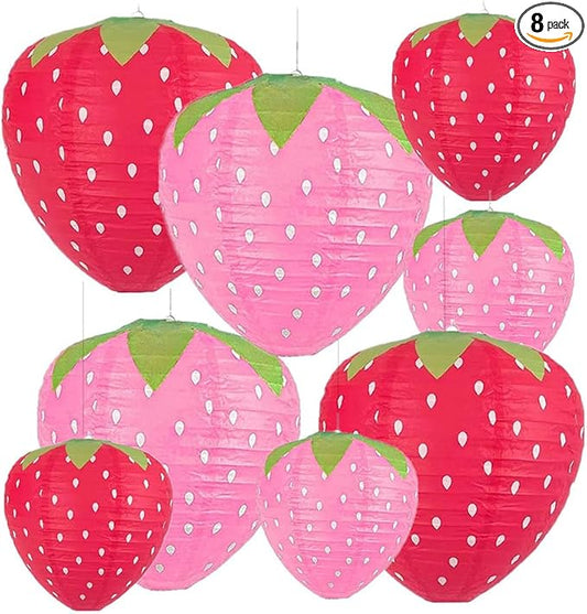 Folding Strawberry Paper Lantern Reusable Hanging Ornament Lamp Cover for Fruit Theme Birthday Party Decoration Supplies (8 and 12 inches;8pcs)