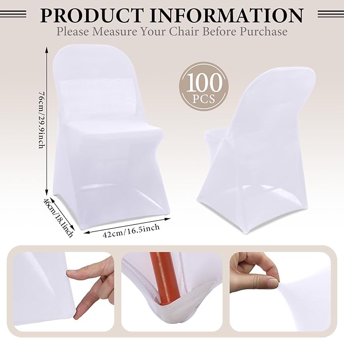 Newwiee 100 Pcs Spandex Chair Covers Bulk - Stretch Folding Flat Front Fitted Universal Chair Protector Pack Removable Washable for Wedding Party Dining Banquet Event (White)