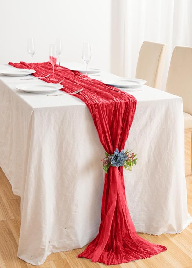 6 Pack 10ft Red Cheesecloth Table Runner 21x120 Inch Boho Wrinkled Sheer Romantic Gauze Decor for Wedding, Bridal Shower, Birthday Party