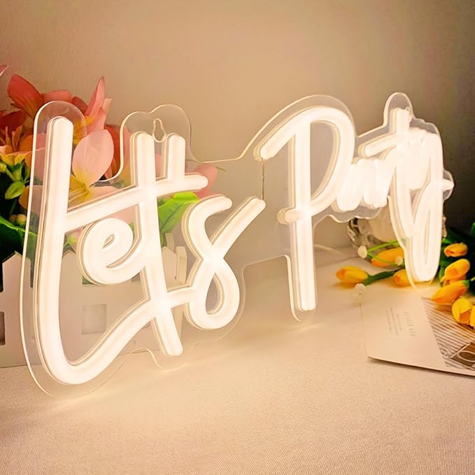 Lets Party Neon Sign with Dimmable for All Partys,17x7.5inch, Neon Lights for Wall Decor, Birthday, Wedding, Bachelorette Party, Valentine's Day Gifts Let's Party Neon Lights with 5V USB Cable, Warm White Cheers Sign