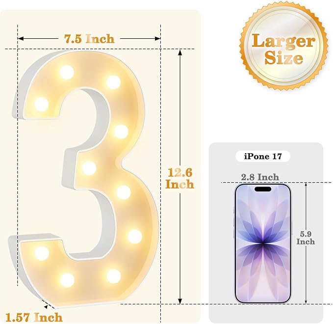 12.6 Inch LED Marquee Light Up Numbers with Happy Birthday Music, Remote Birthday Number Lights as Gifts for Girls Women Men, Lighted Marquee Numbers for Table Party Decorations, Number 3
