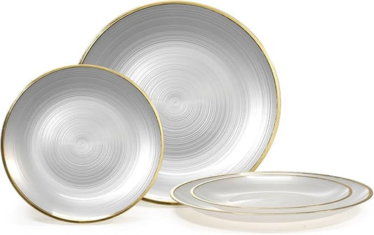 " OCCASIONS " 50 Plates Pack (25 Guests)-Wedding Party Disposable Plastic Plate Set -25 x 10'' Dinner + 25 x 7'' Salad & Dessert plates (Belize in White Pearl & Gold)