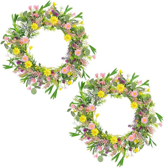 2Pcs 20 Inch Artificial Spring Wreath Handmade Wildflower Daisy Lavender Wreath Colorful Spring Wreath for Front Door Home Wall Porch Farmhouse