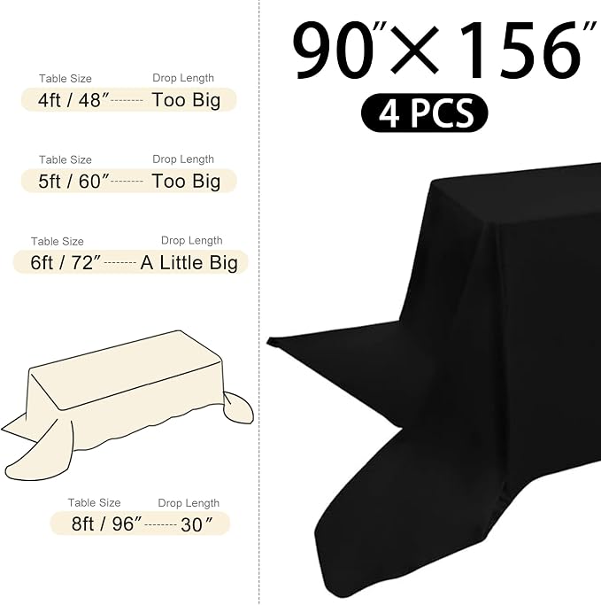 4 Pack Rectangle Tablecloth 90x156Inch Black Washable Polyester Table Cover for Wedding Dining Table Buffet Parties Banquet Decoration（Black）