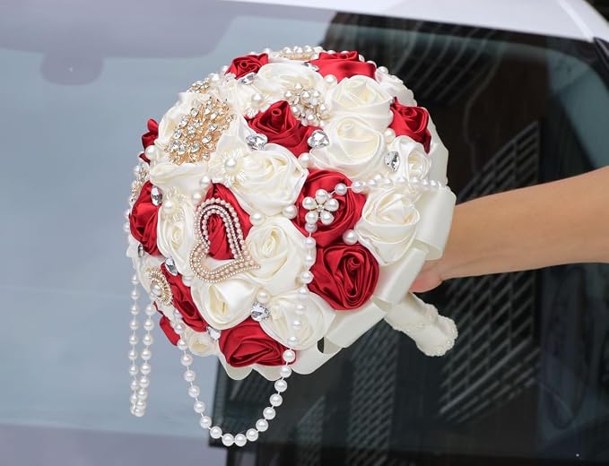 Burgundy and Ivory Bridal Wedding Bouquet with Rhinestone Brooch Pearl String Cascade Bouquet for Bride Bridesmaid Quinceanera Satin Rose Flower Bouquet Wedding Ivory and Burgundy 9.8in