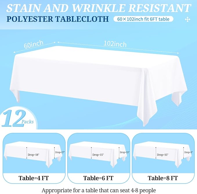 12 Pack White Tablecloth 60 x102 inch Table Cloth for 6 Foot Rectangle Tables, Polyester Rectangle Tablecloth Bulk Linen Washable Fabric Table Cover for Wedding Party Banquet Restaurant Buffet Picnic