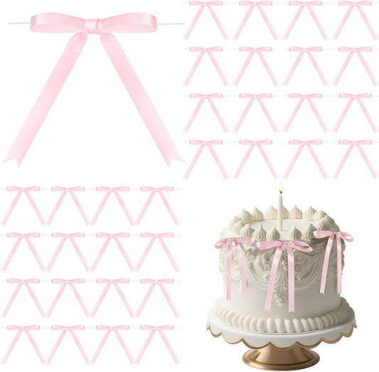 Riceshoot 50 Pcs Twist Tie Bows for Cake 3x4.5 Inch Satin Ribbon Bows for Gift Wrapping Treat Bags Craft DIY Wedding Baby Shower Birthday Party(Pink)