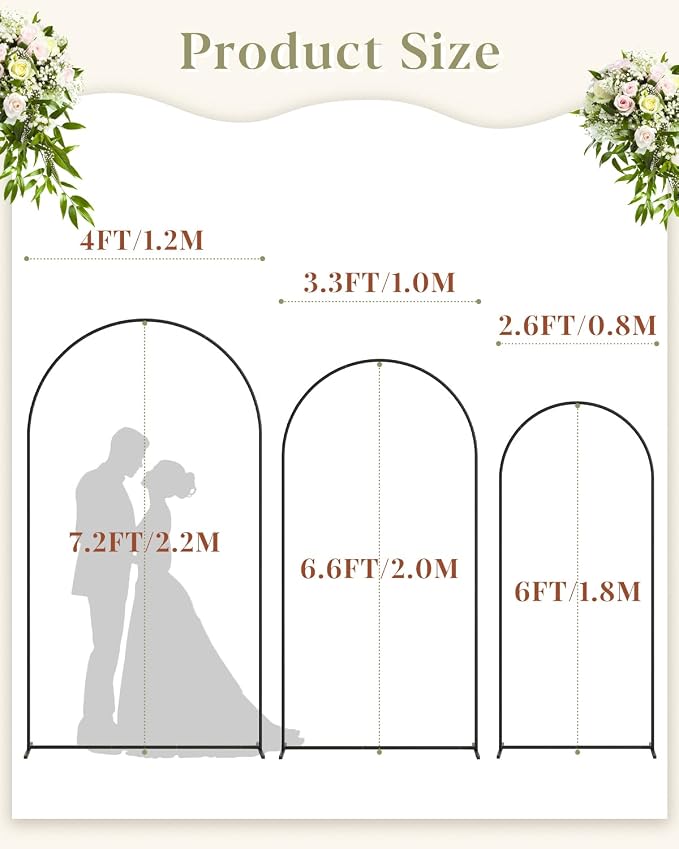 Wedding Arch, Metal Arch Backdrop Stand, Balloon Arch Stand Wedding Frame for Ceremony Decoration (Black, 7.2FT, 6.6FT, 6FT Arch Backdrop)