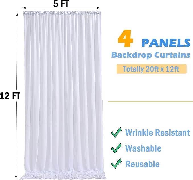 20ftx12ft Wrinkle Free White Backdrop Curtains for Parties, 4 Panels Silky Polyester Photo Backdrop Drapes 12FT Long Back Drop Cloth for Wedding Birthday Photography Background Decor