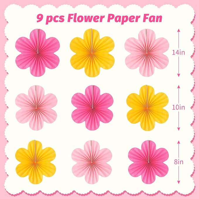 DODOKIM Paper Fans Party Decorations Paper Flowers Decorations for Wall Floral Backdrop Classroom Baby Shower Birthday Party Flower Wall Decor Pack of 9 Pink Yellow