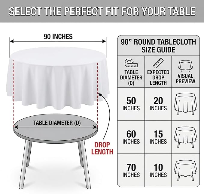 6 Pack White Round Tablecloth 90 Inch, Polyester Wrinkle Resistant Table Cloth for Wedding, Buffet, Parties and Dining