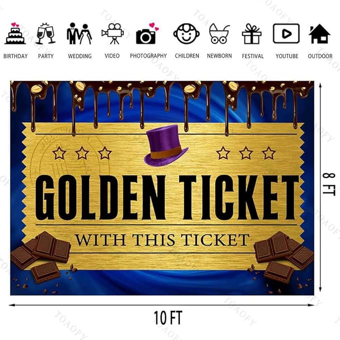 10x8FT Candy Photo Backdrop Golden Ticket Background Chocolate Factory Backdrop Chocolate Fountain Background for Birthday Party Decorations Dessert Table Supplies TAYBDJ859