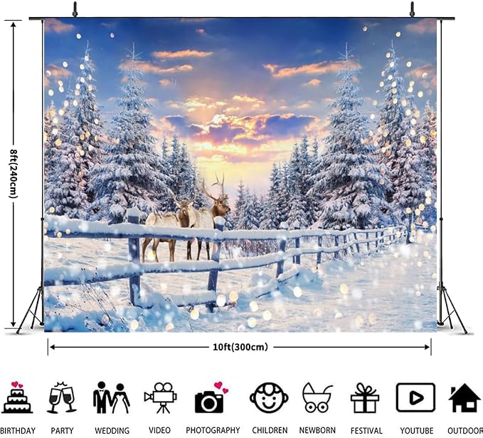 Winter Wonderland Christmas Backdrop 10x8ft for Photography Forest Reindeer Snow Winter Scene Backdrop for Pictures Christmas Party Holiday Background Decorations Photo Booth