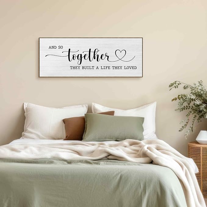 TLESKE And So Together They Built A Life They Loved Sign Large Wall Art Decor Framed 15x40, Above Bed Over Bed Canvas Wall Art Decor Print for Couples Bedroom, Rustic Bedroom Love Signs Wall Picture