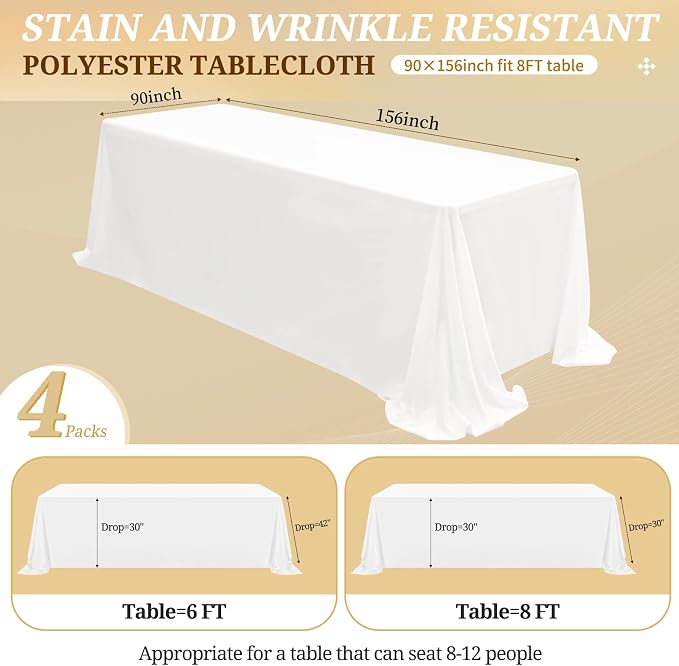 4 Pack White Tablecloths for 8ft Rectangle Tables 90 x 156 Inch - Polyester Table Cover Stain and Wrinkle Resistant Washable Fabric Table Clothes for Wedding Party Banquet Reception Restaurant