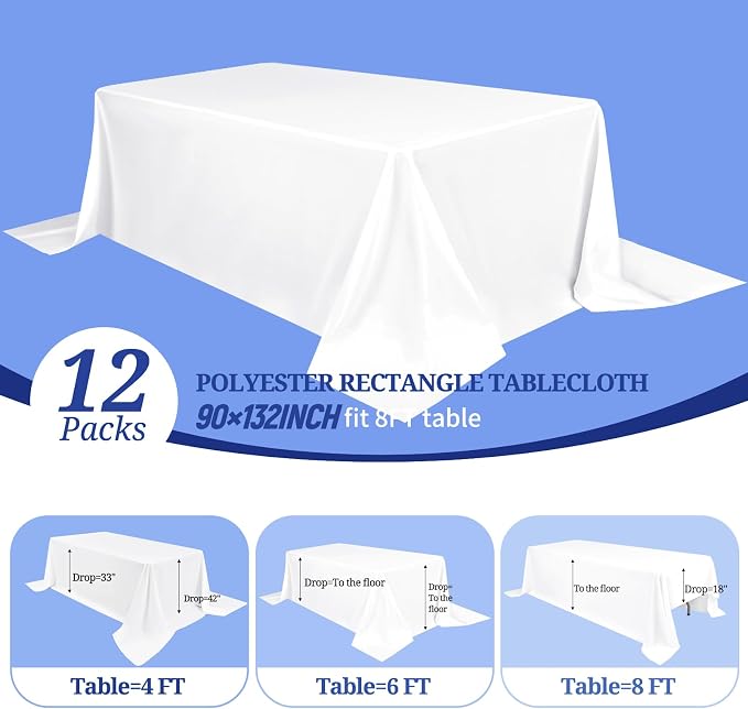Pesonlook 12 Pack White Polyester Tablecloth-90 x 132 Inch White Rectangle Tablecloth for 8 Ft Rectangle Tables,Washable Fabric Table Cover for Wedding/Buffet Party/Dining Table/Events