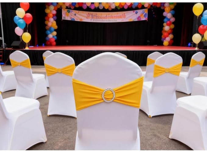 Spandex Yellow Chair Sashes 100 Pack, Yellow Chair Bands Sashes for Wedding Birthday Gender Reveal Party Decor, Chairs Ties