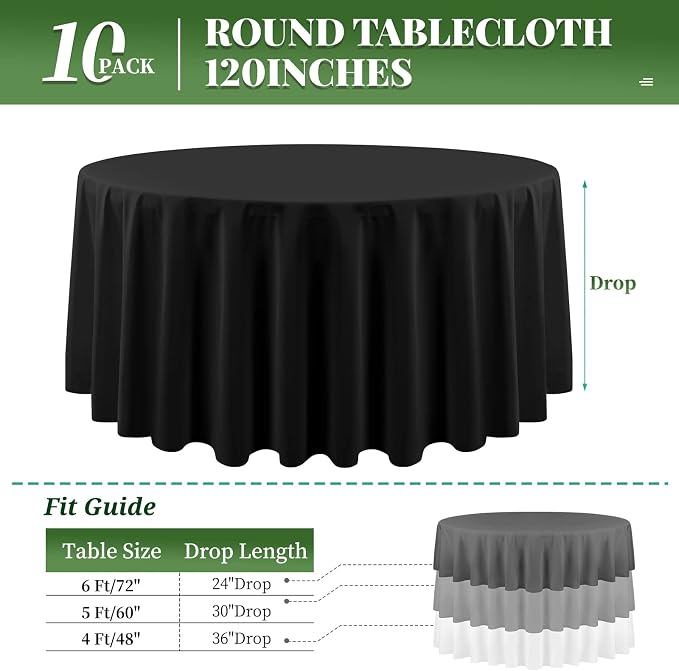 10 Pack Black Round Tablecloth 120 Inch Round Table Cloth Washable Polyester Fabric Bulk Linen Tablecloths Round Table Cover for Parties Wedding Banquet Buffet Dinning