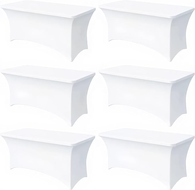 6FT White Table Cloth - 6 Pack Fitted Stretch Rectangle Spandex Tablecloth, Washable Table Cover for Party, Picnic, Wedding, Banquet, Birthday and Festival(30" x 72")