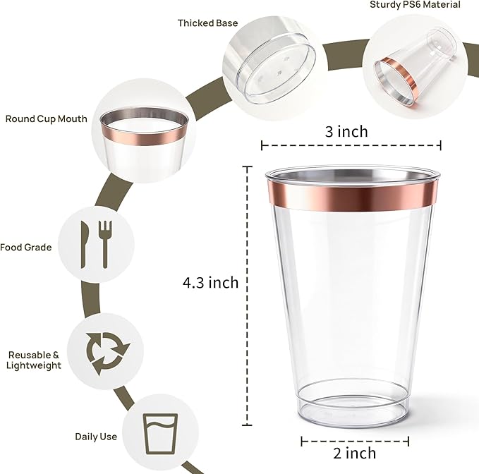 200 Pack 12oz Plastic Cups with Rose Gold Rimmed - Sturdy & Food Safe Plastic Wine Glasses Wedding Cups Party Cups Clear Cups Plastic Cocktail Glasses for Wine, Juice, Cocktails and Cold Beverages